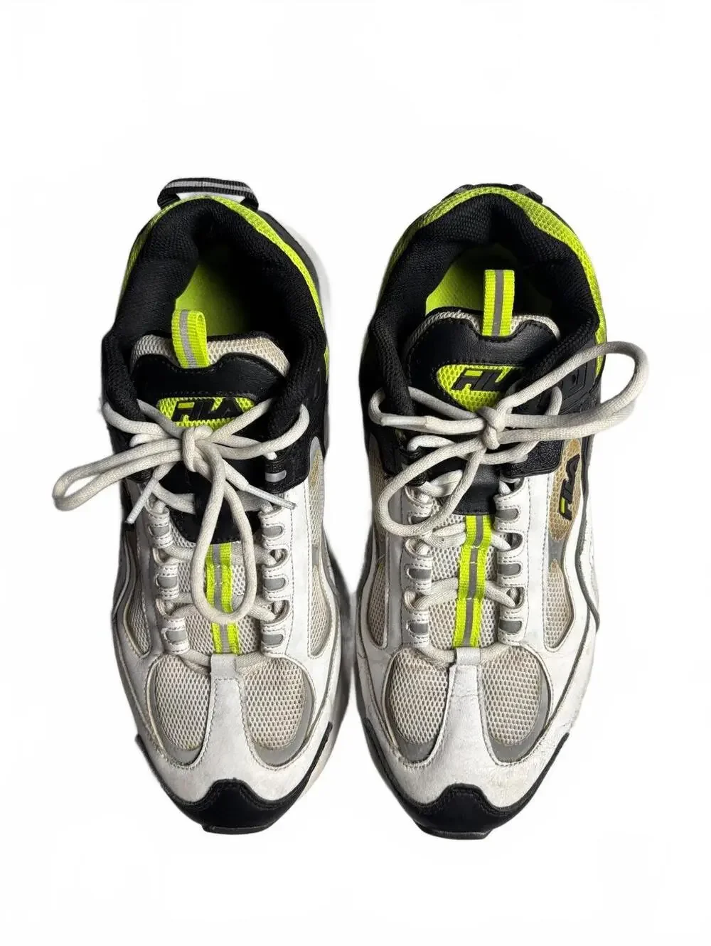 Fila unisex Athletic Sneakers White Black and Neon Yellow
